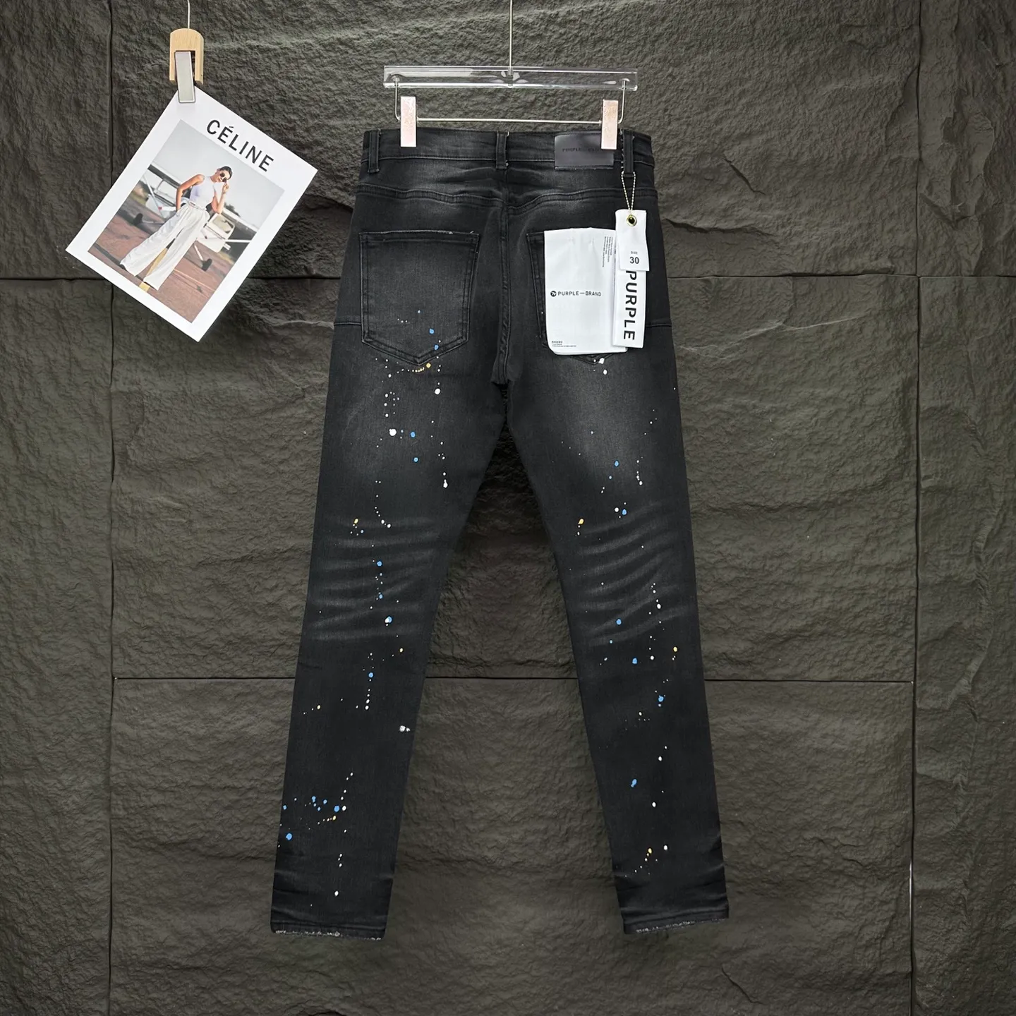 PURPLE BRAND 2026 New Arrival splash-ink hand-painted frayed couples style washed stretch jeans High version High version Top ceiling Quality Styles with different washed textures are very friendly to people with thin legs and thick legs. The straight and slim version is very flattering to the leg shape. Moderate length that never goes out of style, easy to match with casually, basic styling for various styles, a must-have in the wardrobe! The fabric is stiff but also makes the upper body soft without losing texture. The washing process is even more perfect. It is a must-have item for everyone! ! ! Washed wheat, hang tag, pants label, three labels complete Color: Black Size: 28, 30, 32, 34, 36 (five sizes)